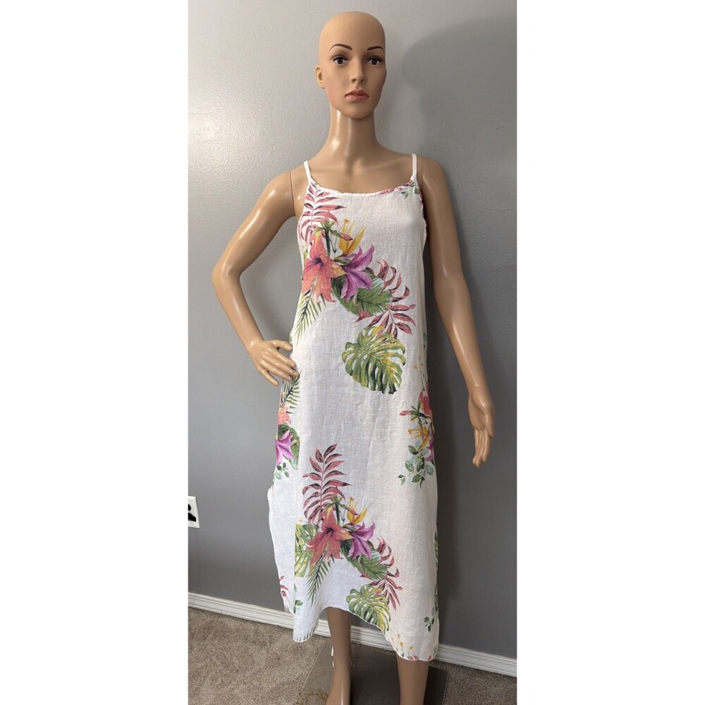 Lungo L’Arno Dress 100% Linen Tropical Flower MIDI Side Slits Beachwear Sz M